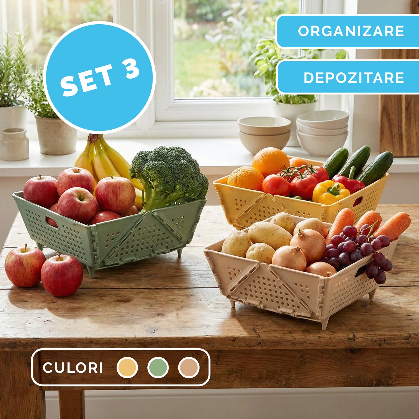 COȘ PLIABIL PENTRU DEPOZITARE BUCĂTĂRIE – SET 3x